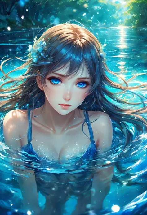 anime girl with blue eyes and long hair in the water, an anime drawing by Yuumei, pixiv, digital art, wallpaper anime blue water, watery eyes, blue watery eyes, detailed digital anime art, watery blue eyes, water eyes, azure blue watery eyes, clean detaile...