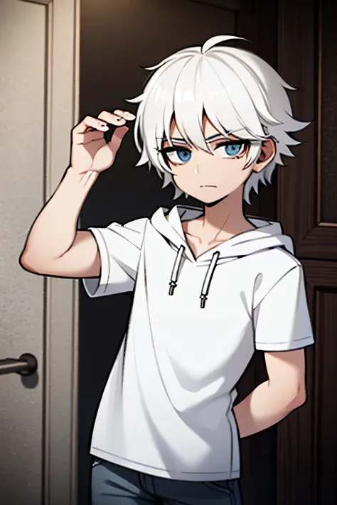 white hair, gray jeans, white hood T-shirt, boy