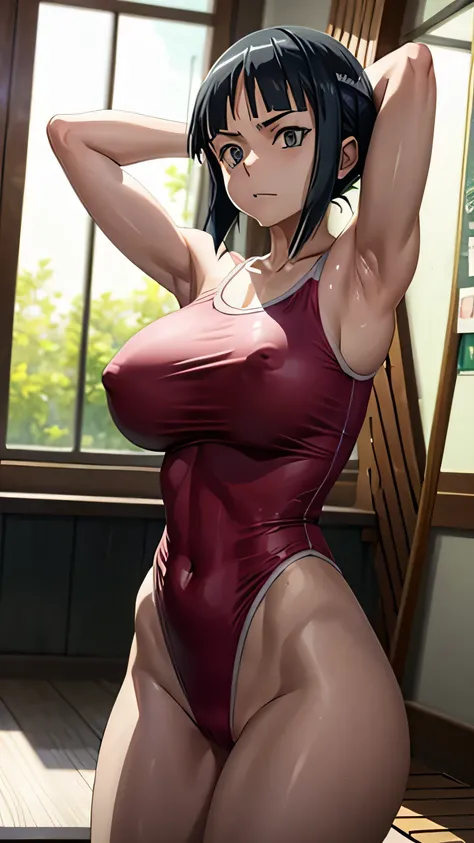 anime,Suguha Kirigaya,1female,Composition with emphasis on the chest, Arms raised up,((school onepiece swimsuit)),beautiful body,huge perky breasts,covered fluffy nipples,Incredibly thin waist,beautiful covered abs,