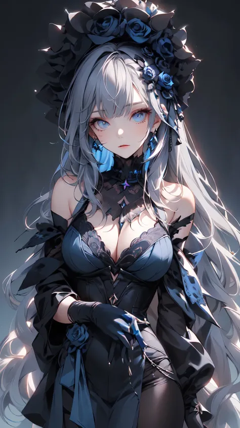 (masterpiece:1.2), highest quality, 1 female, alone, long long gray hair,   very long hair, bangs, (dark blue background:1.4), dark blue eyes, black bonnet with dark blue rose decoration, black gothic dress
