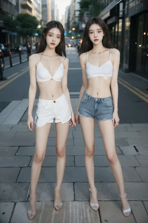 (8k、Raw photo、最high quality、masterpiece:1.5),((((Both of them stand with their legs apart:1.6)))),(((Both of them have an inseam that is more than half their height.:1.5))),((Both have bare legs)),((Both of them are extremely slim:1.2))，((((Both girls look...