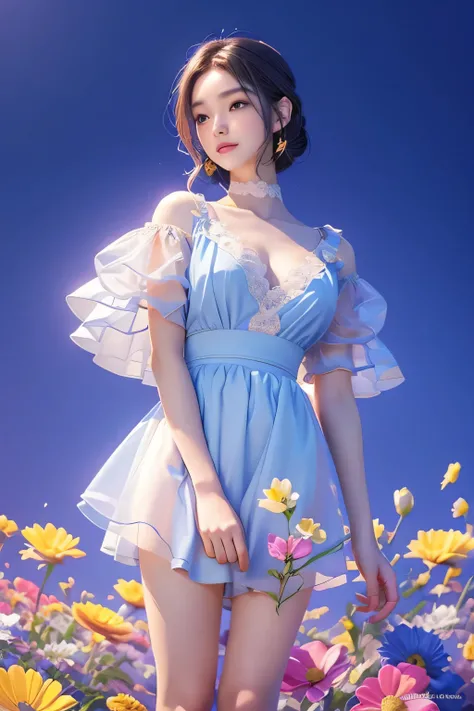 movie photo solo,1 woman,,BJ_Alice,lace-trimmed_skirt,two tone_legwear, Neat short sleeve dress, flat chest,(colored hair:0.1),The beauty stands on the flowers,The facial details are perfect.,Wow, the character details are so nice.,trendy portrait,bright c...