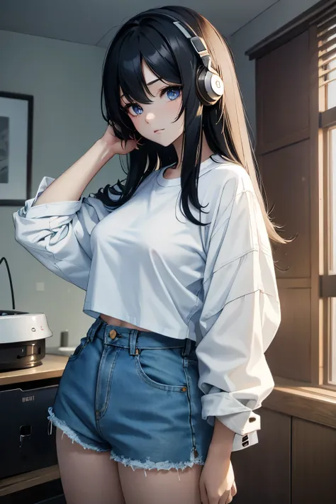 1 korean girl, long black hair, blue eyes, oversize white shirt, medium breasts, denim shorts, wearing earphones, side looking a...