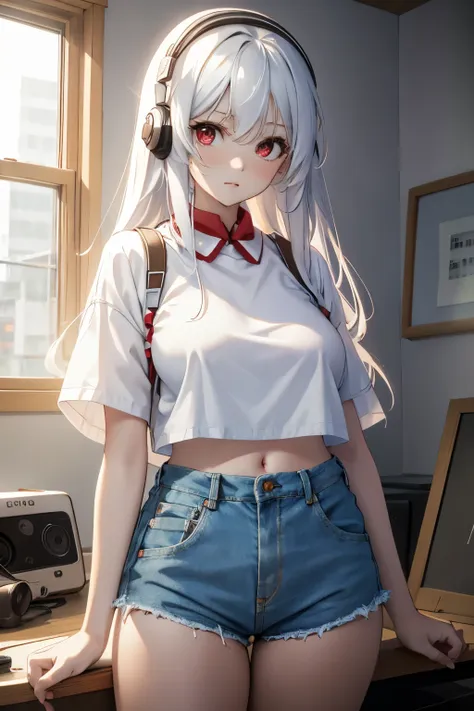 1 korean girl, white long hair, red eyes, oversize white shirt, medium breasts, denim shorts, wearing earphones, side looking at...