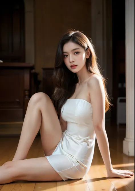 Beautiful 25 year old tall and slender woman。perfect legs. perfect face. She is fashion model. She is staying in the old classic church. She is wearing a wedding dress that a leg is visible. She is illuminated by sunset light. the evening church lights is ...