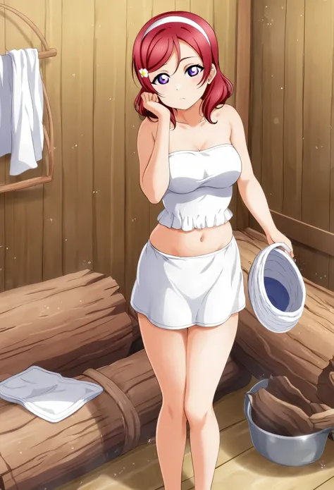 Masterpiece, best quality, love live style,solo, nishikino maki, red hair, purple eyes,breasts, looking_at_viewer, bored, hairband, white summer dress, midriff,skindentation, standing,in log cabin, holding laundry basin