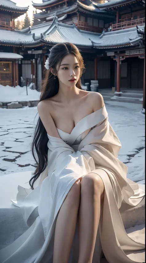 elaborate hanfu, ((cowboy shot)), ((bare shoulder)), ((short hemlines, sexy long legs)), realistic detailed photo of a giant bre...