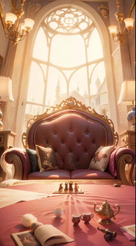 Middle East scene architecture style, Middle East game scene interior, A large round table in the foreground with three chairs placed symmetrically around it,luxury,Chairs placed sideways, side view,Manga style, secondary, beautiful room, beautiful scene o...