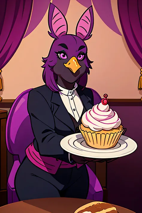 An animatronic chicken was bulky and had an apprehensive look, thick black eyebrows arching over her purple eyes and her beak slightly open, revealing teeth, as she held out a cupcake on her platter, the cupcake itself was somewhat disturbing, with eyes se...