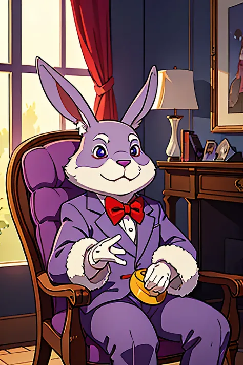 A purple rabbit toy, now gray with age from years of sitting in the sunlight, he was the size of a three year old, and he had plush fur, shining eyes and a dapper red bow tie, waving his hand, tilting his head to the side, sitting in a white wicker chair i...