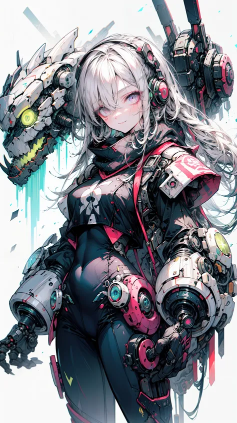 (Flat Color),rich and colorful,(masterpiece:1,2), 最OK品質, masterpiece, high resolution, The original, 非常にdetailedな壁紙, Viewer, (White background), detailedな顔, (intricate Mecha bodystocking), masterpiece, 最OK品質, jiangshi, green白い肌, Purple Eyes, Poker face, Me...