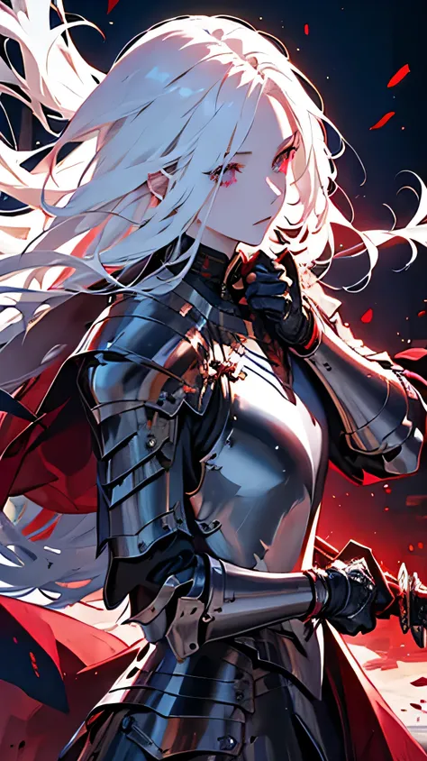 ((best quality)), ((masterpiece)), (detailed), perfect face, white skin, white hair, long hair, red eyes, albino male, knight, black great sword, big sword, red armor, luxurious armor, fantasy, Fantastic light, world of swords and magic, detailed hands, Gl...