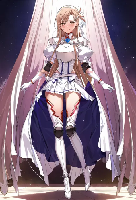 masterpiece, highest quality, High resolution　Magical Girl Asuna、ALO Asuna、Lambent Light、Puff sleeves、Shoulder rest、Silver Breastplate、Pleated skirt、Long gloves、Thigh-high stiletto long boots、Knee pads、brooch、Hair clip、Hair Ribbon、Standing still、Full Body ...
