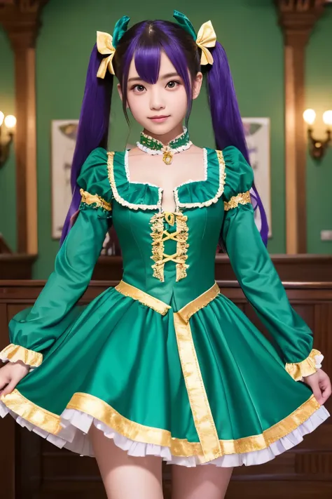 In a fantasy background、A young woman is standing wearing a gorgeous cosplay costume。Her hair is long、Twin tails and dyed purple、Her hair has ribbons and decorations。The costume is based on blue-green.、Gold decorations and ribbons are used everywhere.。The ...