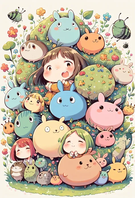 Hayao Miyazaki style, Kawaii Design, (((10 people)))、The most beautiful girl of all time、Little, Colorful bob hair、((Lots of friends))、(((Cute Pillbug)))、Totoro Forest