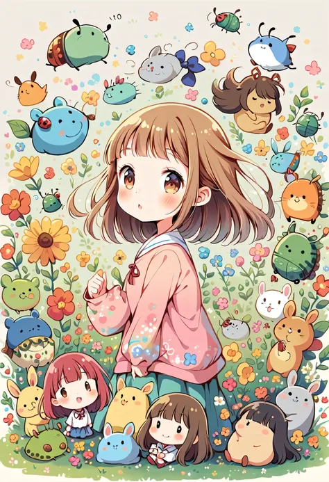 Hayao Miyazaki style, Kawaii Design, (((10 people)))、The most beautiful girl of all time、Little, Colorful bob hair、((Lots of friends))、(((Cute Pillbug)))、Totoro Forest