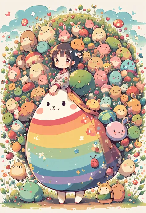 Hayao Miyazaki style, Kawaii Design, (((10 people)))、The most beautiful girl of all time、Little, Colorful bob hair、((Lots of friends))、(((Cute Pillbug)))、Totoro Forest