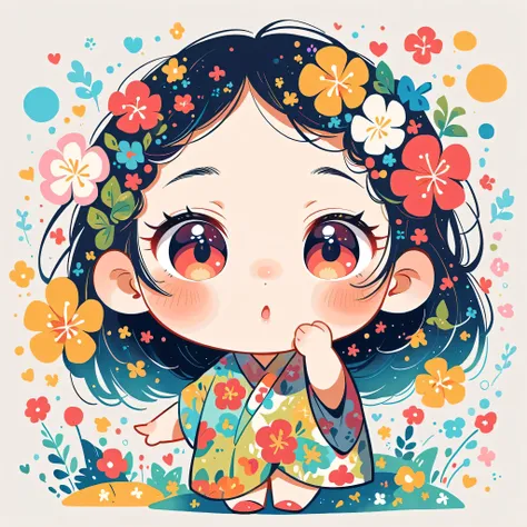 Takashi Murakami Style、The most beautiful girl of all time、Lips in Love、Colorful flowers、Simple line initials、Abstract art、Hawaii Background, (((chibi))),