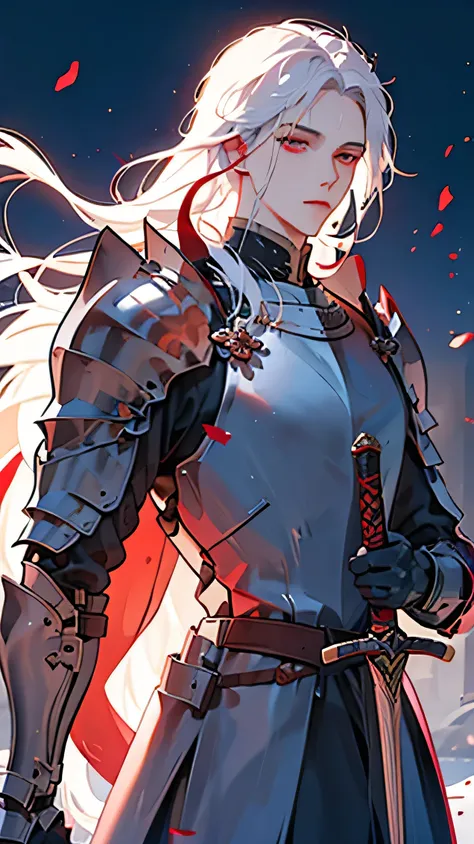 ((best quality)), ((masterpiece)), (detailed), perfect face, white skin, white hair, long hair, red eyes, albino male, knight, black great sword, big sword, red armor, luxurious armor, fantasy, Fantastic light, world of swords and magic, detailed hands, Gl...