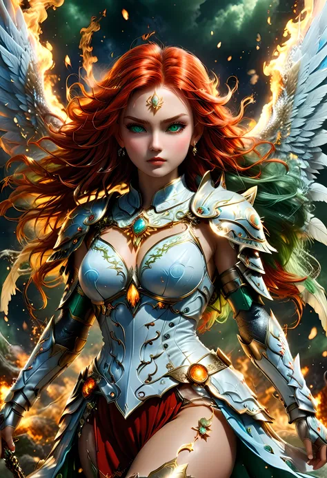 16k, ultra detailed, masterpiece, best quality, (extremely detailed), arafed, dnd art, panoramic view, full body, aasimar, female, (Masterpieceת intense details:1.3), female, sorceress, casting flaming spell(Masterpieceת intense details:1.3) large angelic ...