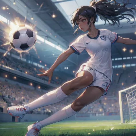  masterpiece, (textured skin), best quality, gorgeous beautiful girl, (a female soccer athlete), detailed clothes,large breasts,narrow waist,, (beautiful face), cinematic lighting, (at soccer venue),