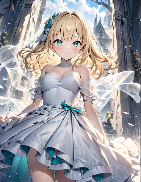 ((style:Colored pencil,pale colour))、(anime)、(masterpiece:1.2),atmospheric perspective,lens flare、White world。Light color、Wedding dress、Blonde、Emerald Eyes、cute