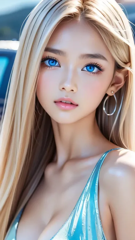 Perfect beautiful face、Beautiful cute girl 20 years old、Sexy and very beautiful cute face、Beautiful cute sexy sky blue eyes、Very super long beautiful shiny silky straight pearl blonde hair、Super long beautiful bangs、White skin、Glossy Skin、Gloss Face、Cheek ...