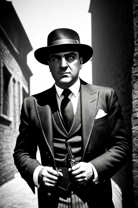 a sinister-looking Al Capone in a sharp suit, a menacing expression, dark lighting, 1920s gangster, chiaroscuro, high contrast, dramatic shadows, cinematic atmosphere, (best quality,4k,8k,highres,masterpiece:1.2),ultra-detailed,(realistic,photorealistic,ph...