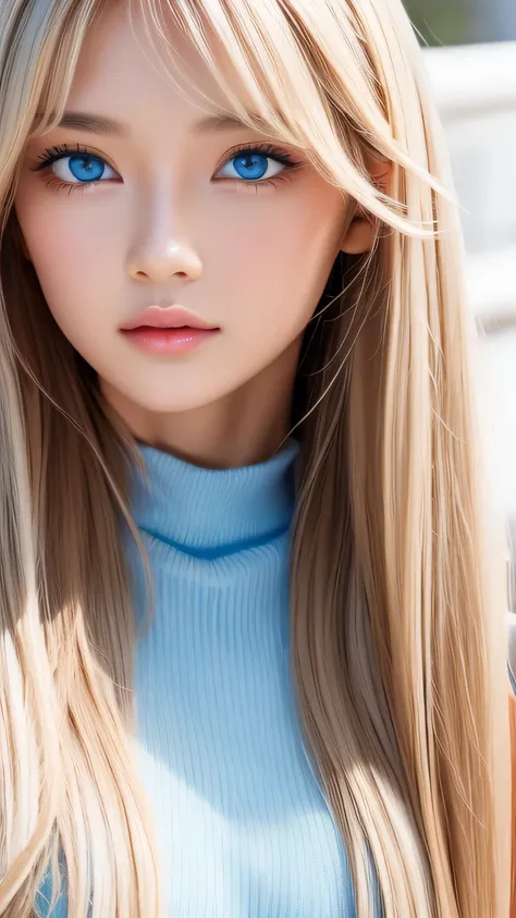 Perfect beautiful face、Beautiful cute girl 20 years old、Sexy and very beautiful cute face、Beautiful cute sexy sky blue eyes、Very super long beautiful shiny silky straight pearl blonde hair、Super long beautiful bangs、White skin、Glossy Skin、Gloss Face、Cheek ...