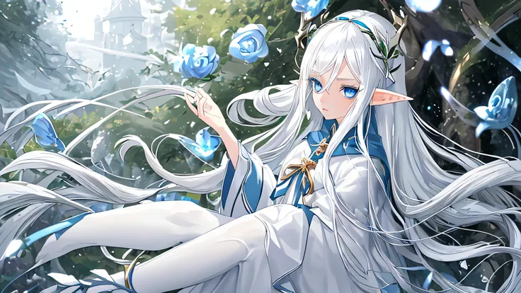 Long white hair, elf ears and blue eyes, adult girl, white gold clothes