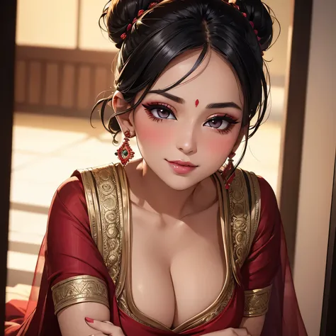 Amazing portrait of a sexy woman who is a MILF and your neighbour with her black hair in a bun with seductive eyes and shes blushing with a seductive smile wearing amazing makeup wearing a saree with a lustful look and a sultry pose