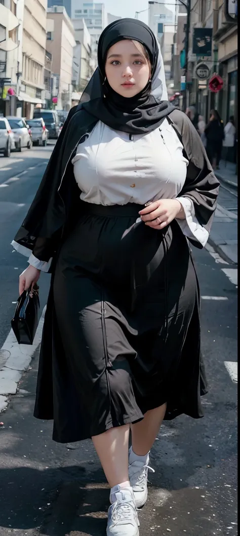 Milky white skin woman in black dress and hijab walking down the street, ,  hijab outfit, ,  hijab fashion model, plus size, plus size woman, ,  woman in black robes, beautiful woman, thicc, black outfit,, bbwchan , white sneakers , Height 170 cm, extra de...