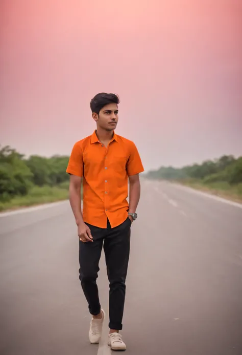 A 18 years old Indian bihari boy, white skin, short black hair, wearing  orange_print_shirt pant, walking on a highway road, pink sky, clouds in sky, photo of DSLR Nikon camera, extra detailing, ultra high quality 8k, 