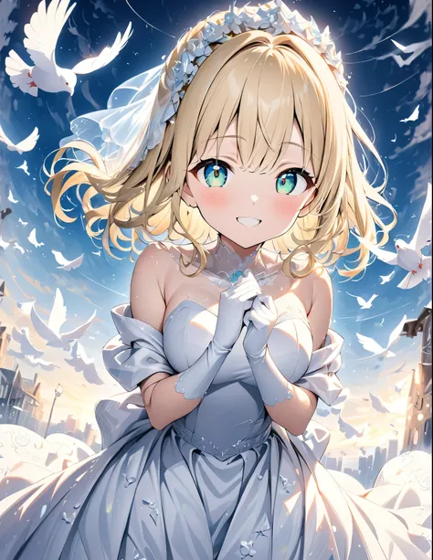 ((style:Colored pencil,pale colour))、(anime)、(masterpiece:1.2),atmospheric perspective,lens flare、White world。Light color、Wedding dress、Blonde、Emerald Eyes、cute、Backlight、Smile、Under the clear blue sky、Countless white doves fly around、Reflection of light、M...