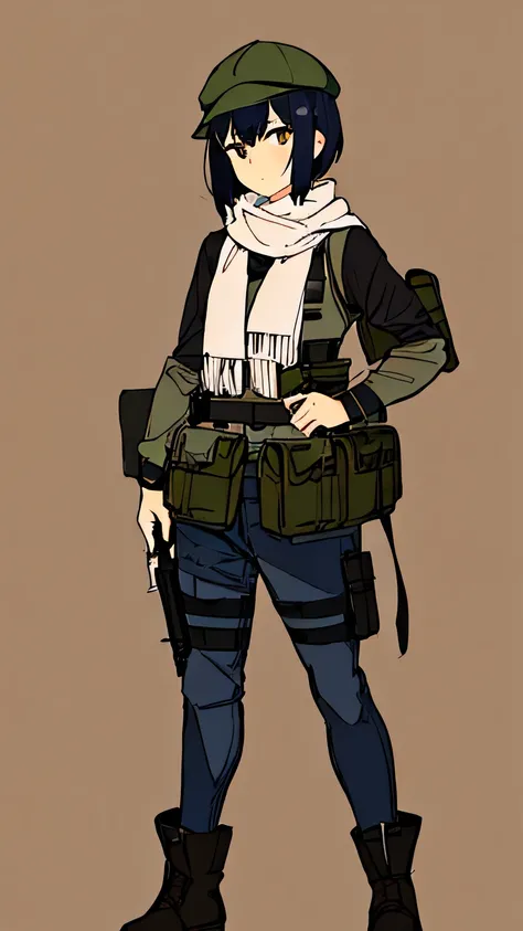 ((best quality)),((Full-HD)), schoolboy, standing, short hair, black hair, brown eyes, short,full body shot, male， scarf，skinny, shooting a gun in front of her, beauty mark, plate carrier，sketch, dark_whiteolive drab military uniforve drab flat cap