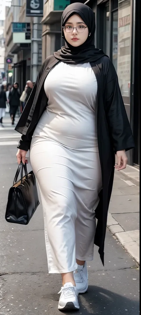 Milky white skin woman in black dress and hijab walking down the street, ,  hijab outfit, ,  hijab fashion model, plus size, plus size woman, ,  woman in black robes, beautiful woman, thicc, black outfit,, bbwchan , white sneakers , Height 170 cm, glasses 