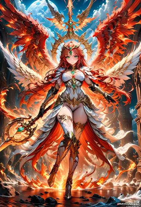 16k, ultra detailed, masterpiece, best quality, (extremely detailed), arafed, dnd art, panoramic view, full body, aasimar, female, (Masterpieceת intense details:1.3), female, sorceress, casting flaming spell(Masterpieceת intense details:1.3) large feathere...