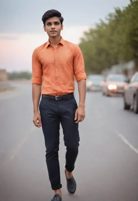 A 18 years old Indian bihari boy, white skin, short black hair, blue eyes, wearing  orange_print_shirt pant, walking on a highway road, pink sky, clouds in sky, photo of DSLR Nikon camera, extra detailing, ultra high quality 8k, 