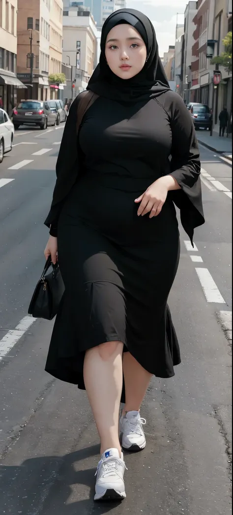 Milky white skin woman in black dress and hijab walking down the street, ,  hijab outfit, ,  hijab fashion model, plus size, plus size woman, ,  woman in black robes, beautiful woman, thicc, black outfit,, bbwchan , white sneakers , Height 170 cm, beautifu...