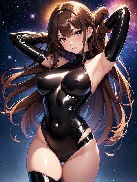 Beautiful girl
　Beautiful bodystocking latex simple background
　Light　黒Brown Hair　smile　　Raise one arm behind your head、Masterpiece Night　Starry Sky　Magic sexy, extremely beautiful 22歳　Big Breasts Beautiful Eyeagical gentle lighting    涙　cowboy shot