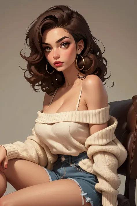 Amazing portrait of a sexy woman with a feral look in her eyes as shes sitting back in her chair with one leg crossed over the other wearing an oversized sweater that is showcasing her bare shoulders and her cleavage her brown hair is curly and messy and h...