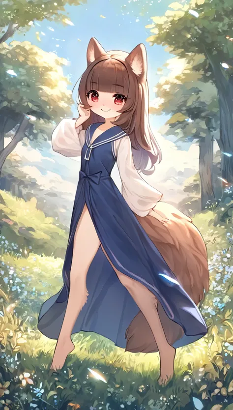 best quality, super fine, 16k, incredibly absurdres, extremely detailed, delicate and dynamic, cute wolf beast girl, ruby-red eyes, brown ears, straight brown hair, blunt bangs, big fluffy brown tail, captivating look, aroused expression, slender, wearing ...