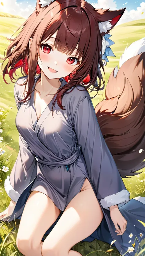 best quality, super fine, 16k, incredibly absurdres, extremely detailed, delicate and dynamic, cute wolf beast girl, ruby-red eyes, brown ears, straight brown hair, blunt bangs, big fluffy brown tail, captivating look, aroused expression, slender, wearing ...