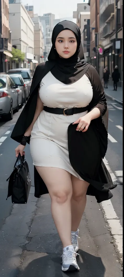 Milky white skin woman in black dress and hijab walking down the street, ,  hijab outfit, ,  hijab fashion model, plus size, plus size woman, ,  woman in black robes, beautiful woman, thicc, black outfit,, bbwchan , white sneakers , Height 170 cm, beautifu...