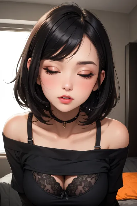 Amazing portrait of a cute goth woman with her short black hair in a bob hairstyle and shes wearing heavy eyeliner around her eyes and shes gazing at you seductively she wears an off shoulder t shirt that is orange and black with black bra straps 