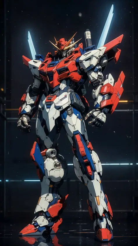 Humanoid Mecha, fully enclosed shoulder guards, matching arm and leg guards, full body, full armor, super robot, the design balances heavy with agility, (the color scheme is primarily white with red and blue accents, the concept Inspired by super robot, Li...