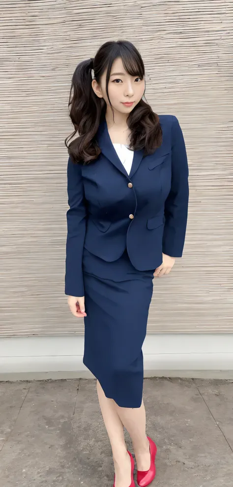 Japanese ID, Mature Woman, ((Chubby round face around 30 years old)), Wavy black hair with no bangs, Long Hair:1.65, Big twin ponytail:1.79, Flashy makeup, Fuller lips, Sexy Gaze, very cute uniform, ((dressing)), looking at the camera, Low angle shooting, ...