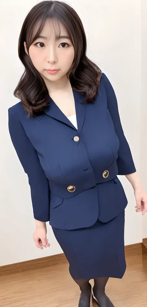 Japanese ID, Mature Woman, ((Chubby round face around 30 years old)), Wavy black hair with no bangs, Long Hair:1.65, Big twin ponytail:1.79, Flashy makeup, Fuller lips, Sexy Gaze, very cute uniform, ((dressing)), looking at the camera, Low angle shooting, ...