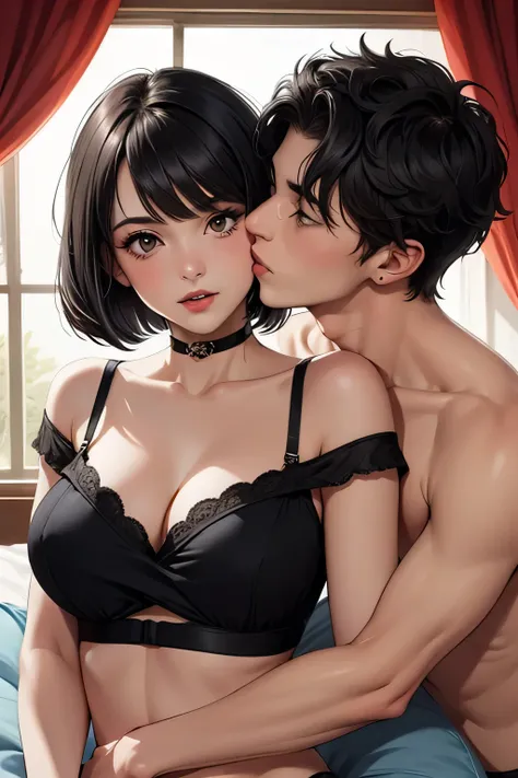 Amazing portrait of a cute goth woman with her short black hair in a bob hairstyle with heavy eyeliner around her eyes wearing an off shoulder t shirt that is orange and black with black bra straps kissing and making out passionately with a shirtless boy o...