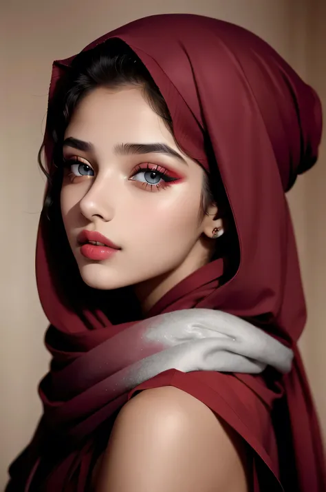 Beautiful girl 1, 18 years old, cute face, smooth skin, eyes lined with kohl, beautiful lips, wearing a red hijab, complex makeup without mistakes. The body is full